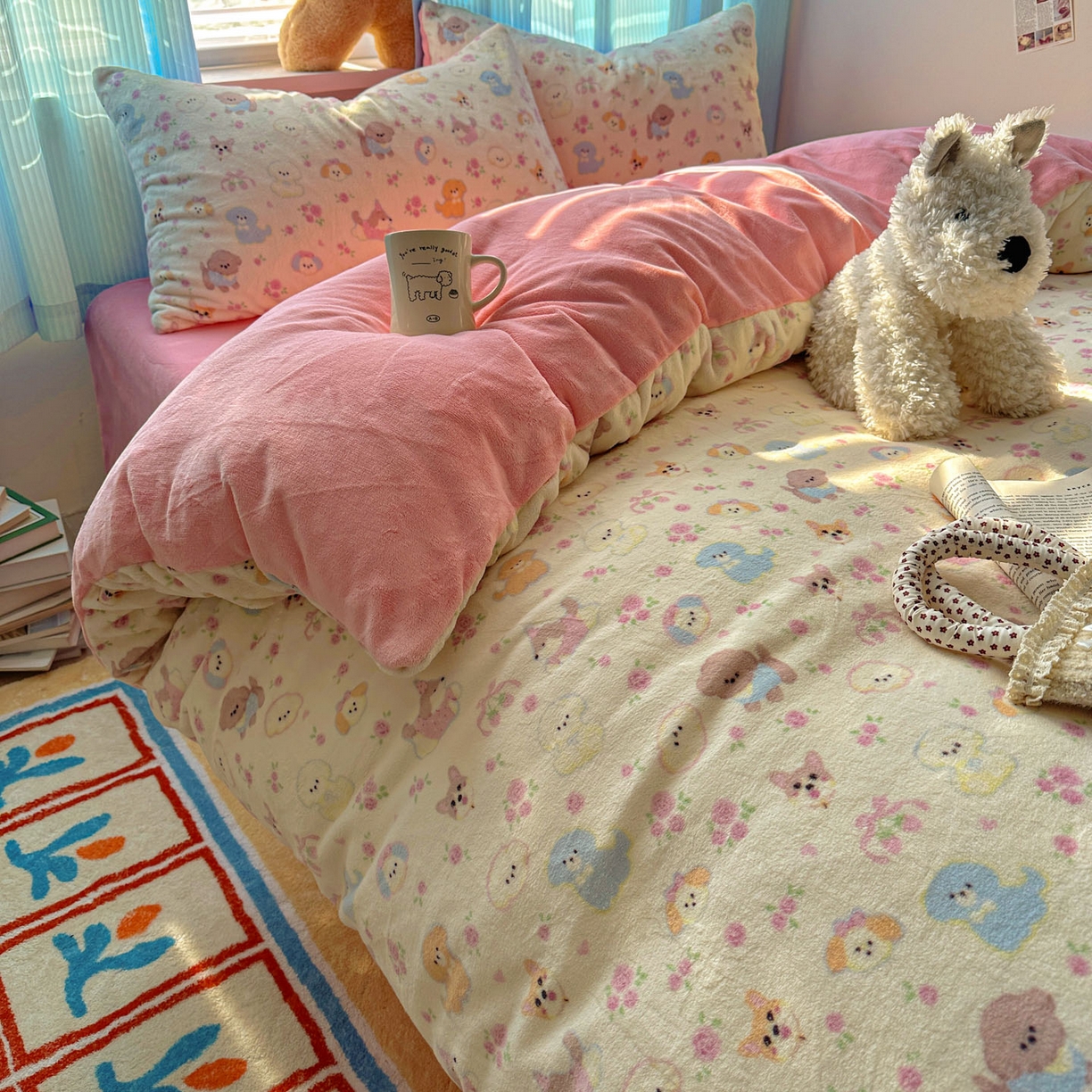 91家纺网 家纺一手货源 找家纺 小叮当家纺仓储工厂店 买家秀 爆款花型2025新款小清新180克跑量款牛奶绒单被套 被套单件 小狗乐园