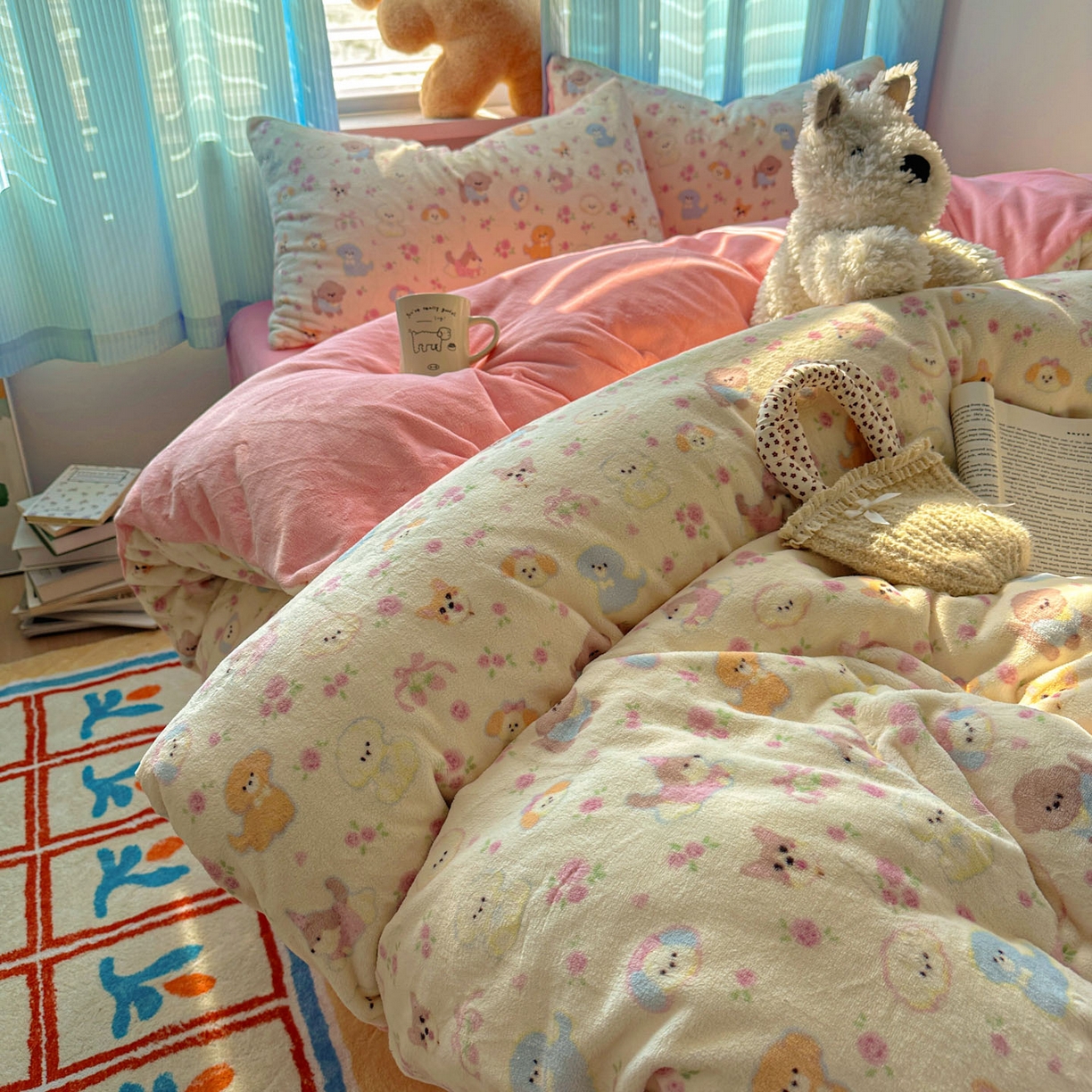 91家纺网 家纺一手货源 找家纺 小叮当家纺仓储工厂店 买家秀 爆款花型2025新款小清新180克跑量款牛奶绒单被套 被套单件 小狗乐园