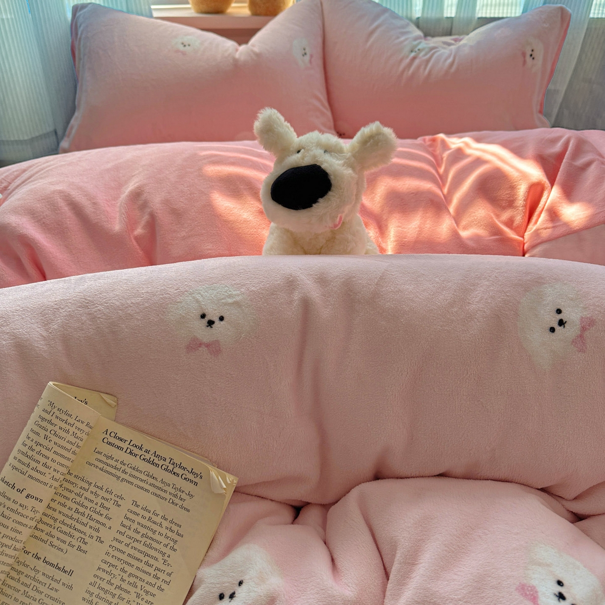 91家纺网 家纺一手货源 找家纺 小叮当家纺仓储工厂店 买家秀 爆款花型2025新款小清新180克跑量款牛奶绒单被套 被套单件 小奶狗-粉