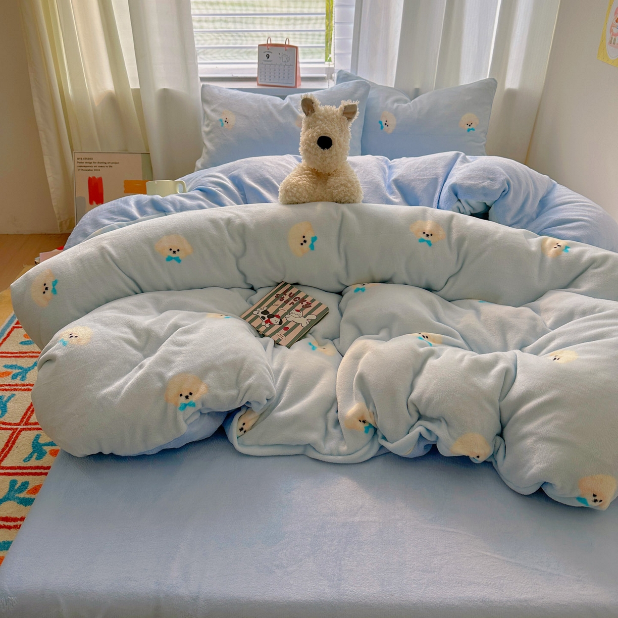 91家纺网 家纺一手货源 找家纺 小叮当家纺仓储工厂店 买家秀 爆款花型2025新款小清新180克跑量款牛奶绒单被套 被套单件 小奶狗蓝