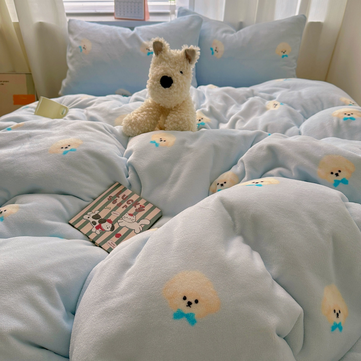 91家纺网 家纺一手货源 找家纺 小叮当家纺仓储工厂店 买家秀 爆款花型2025新款小清新180克跑量款牛奶绒单被套 被套单件 小奶狗蓝