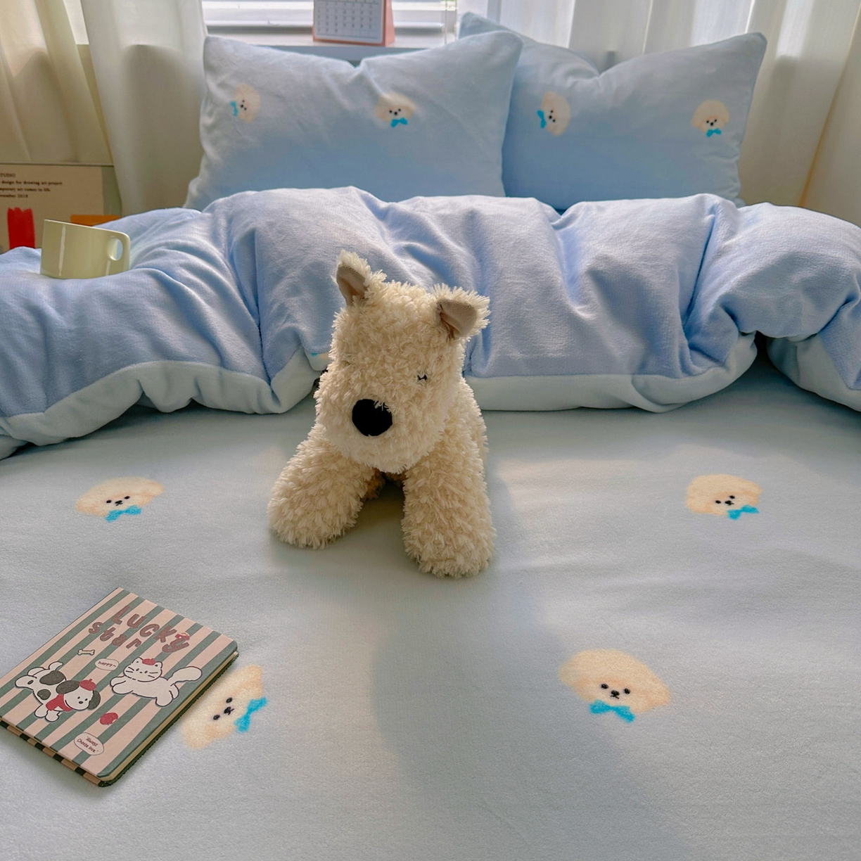 91家纺网 家纺一手货源 找家纺 小叮当家纺仓储工厂店 买家秀 爆款花型2025新款小清新180克跑量款牛奶绒单被套 被套单件 小奶狗蓝