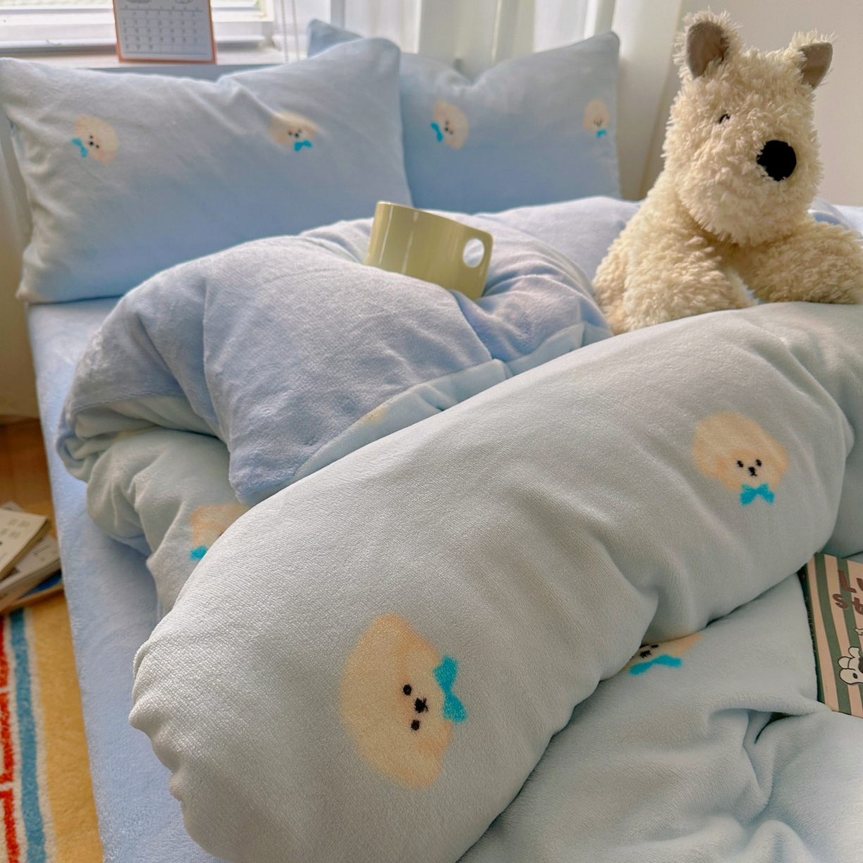 91家纺网 家纺一手货源 找家纺 小叮当家纺仓储工厂店 买家秀 爆款花型2025新款小清新180克跑量款牛奶绒单被套 被套单件 小奶狗蓝