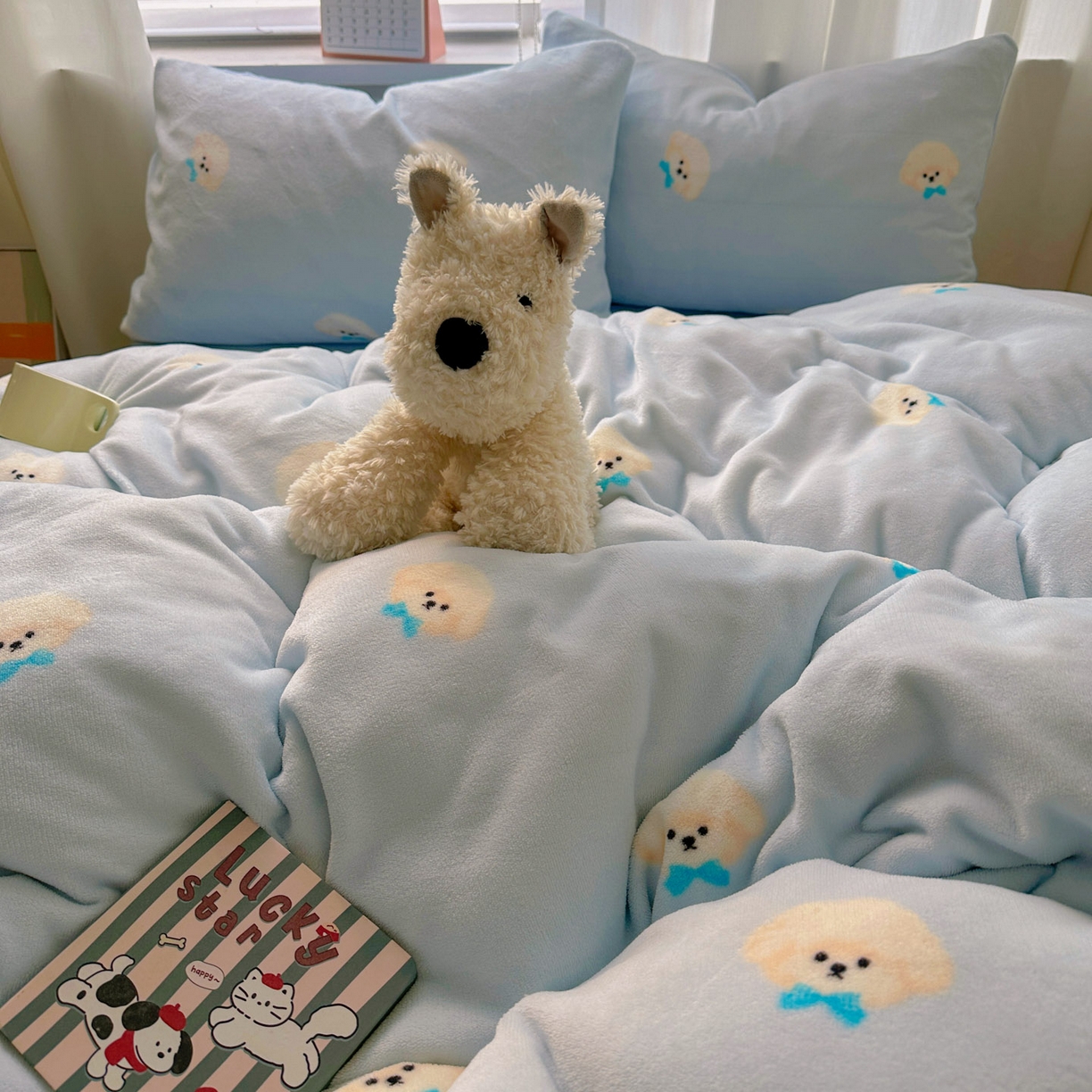 91家纺网 家纺一手货源 找家纺 小叮当家纺仓储工厂店 买家秀 爆款花型2025新款小清新180克跑量款牛奶绒单被套 被套单件 小奶狗蓝