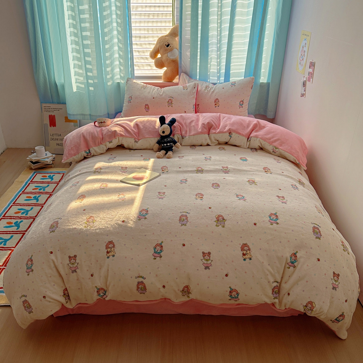 91家纺网 家纺一手货源 找家纺 小叮当家纺仓储工厂店 买家秀 爆款花型2025新款小清新180克跑量款牛奶绒三件套四件套 彩色星梦