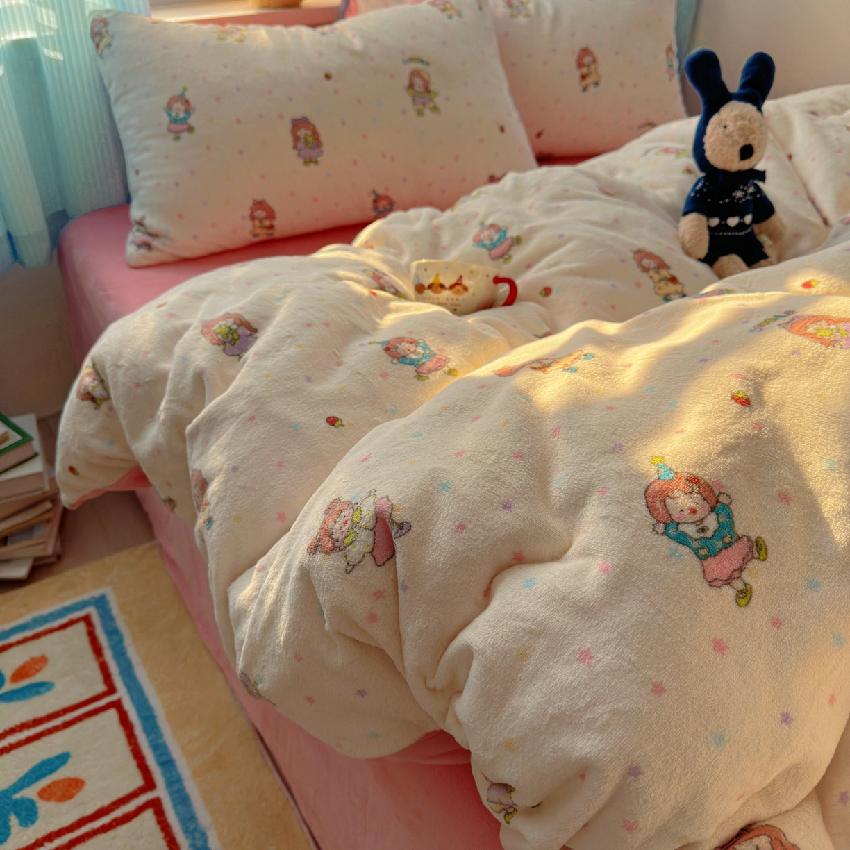 91家纺网 家纺一手货源 找家纺 小叮当家纺仓储工厂店 买家秀 爆款花型2025新款小清新180克跑量款牛奶绒三件套四件套 彩色星梦