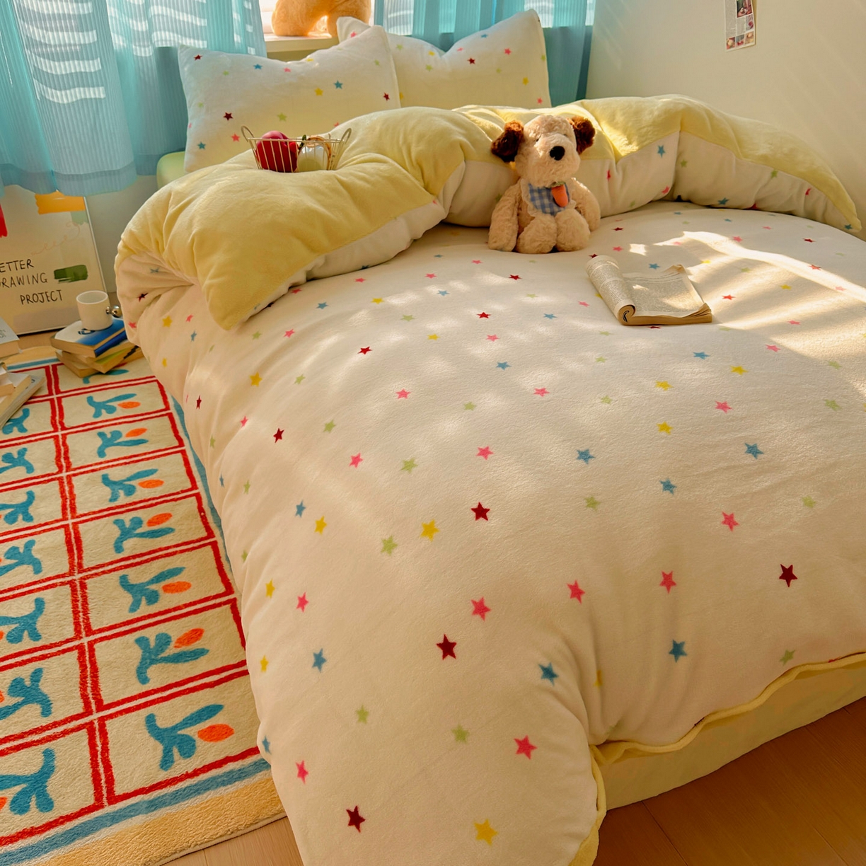 91家纺网 家纺一手货源 找家纺 小叮当家纺仓储工厂店 买家秀 爆款花型2025新款小清新180克跑量款牛奶绒三件套四件套 彩色星星