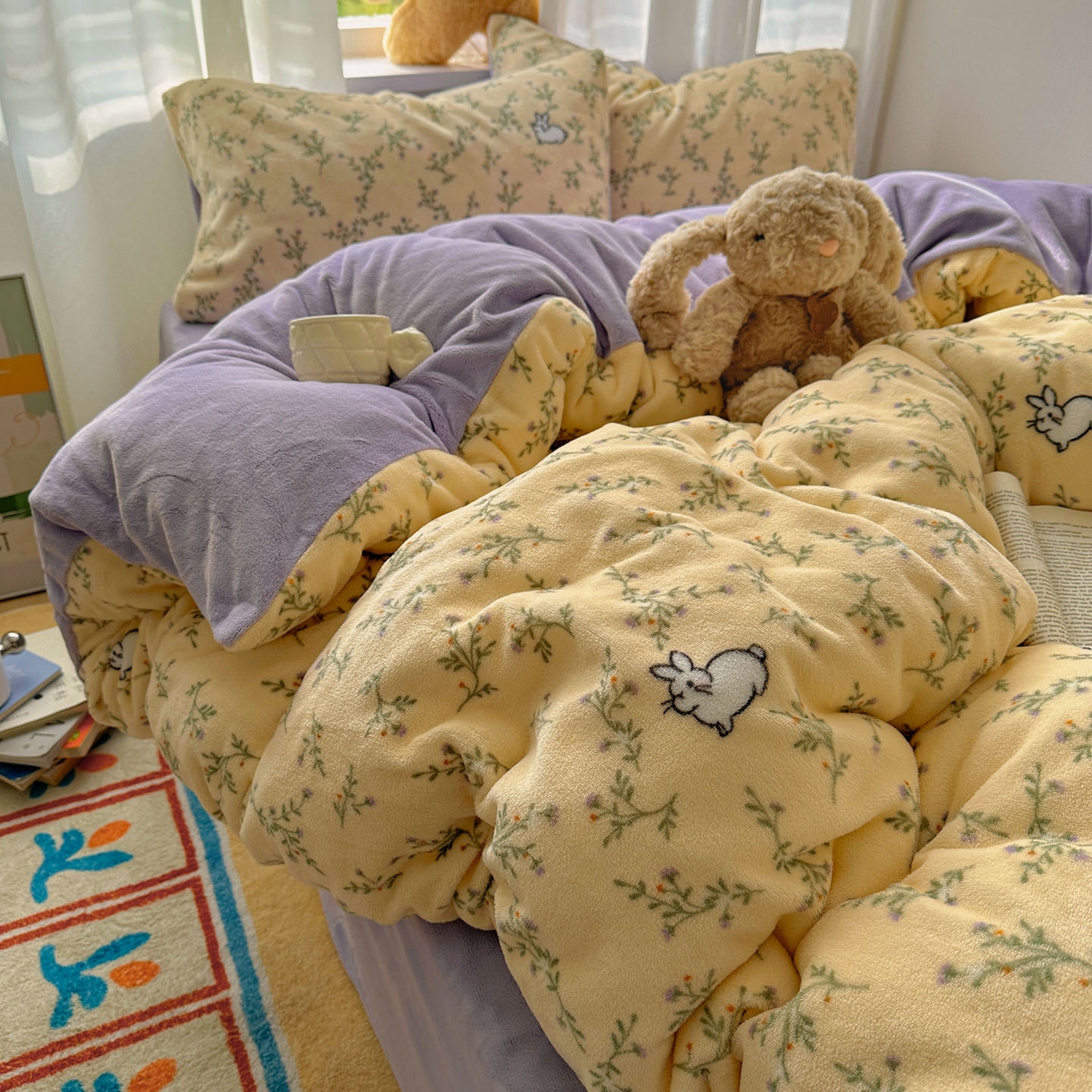 91家纺网 家纺一手货源 找家纺 小叮当家纺仓储工厂店 买家秀 爆款花型2025新款小清新180克跑量款牛奶绒三件套四件套 花枝小兔