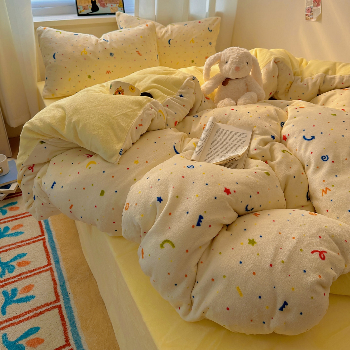 91家纺网 家纺一手货源 找家纺 小叮当家纺仓储工厂店 买家秀 爆款花型2025新款小清新180克跑量款牛奶绒三件套四件套 浪漫星河