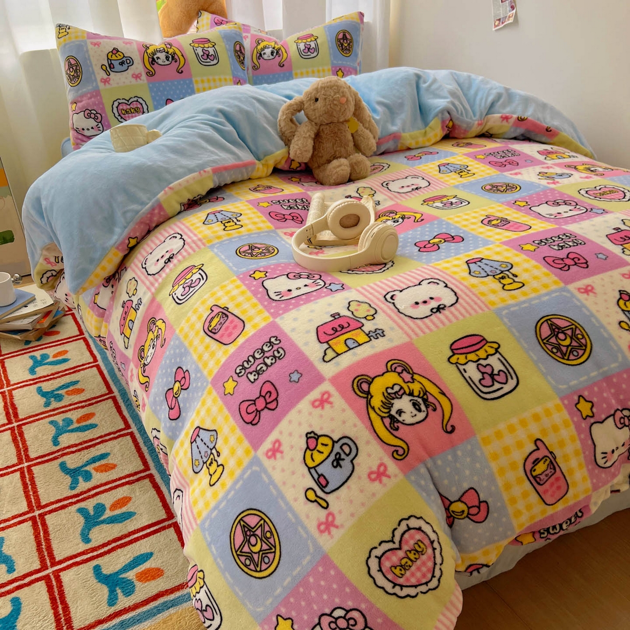 91家纺网 家纺一手货源 找家纺 小叮当家纺仓储工厂店 买家秀 爆款花型2025新款小清新180克跑量款牛奶绒三件套四件套 小女孩