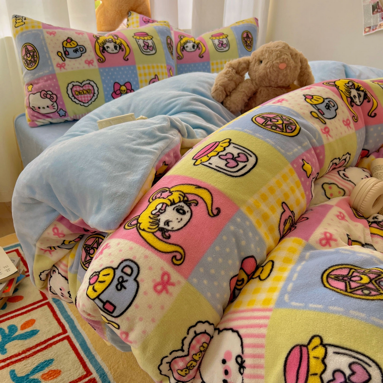 91家纺网 家纺一手货源 找家纺 小叮当家纺仓储工厂店 买家秀 爆款花型2025新款小清新180克跑量款牛奶绒三件套四件套 小女孩