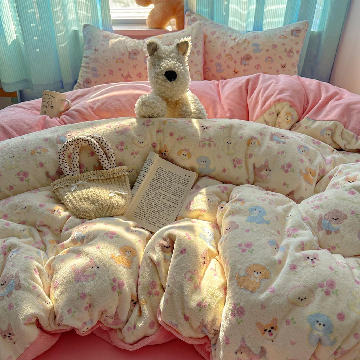 91家纺网 家纺一手货源 找家纺 小叮当家纺仓储工厂店 买家秀 爆款花型2025新款小清新180克跑量款牛奶绒三件套四件套 小狗乐园