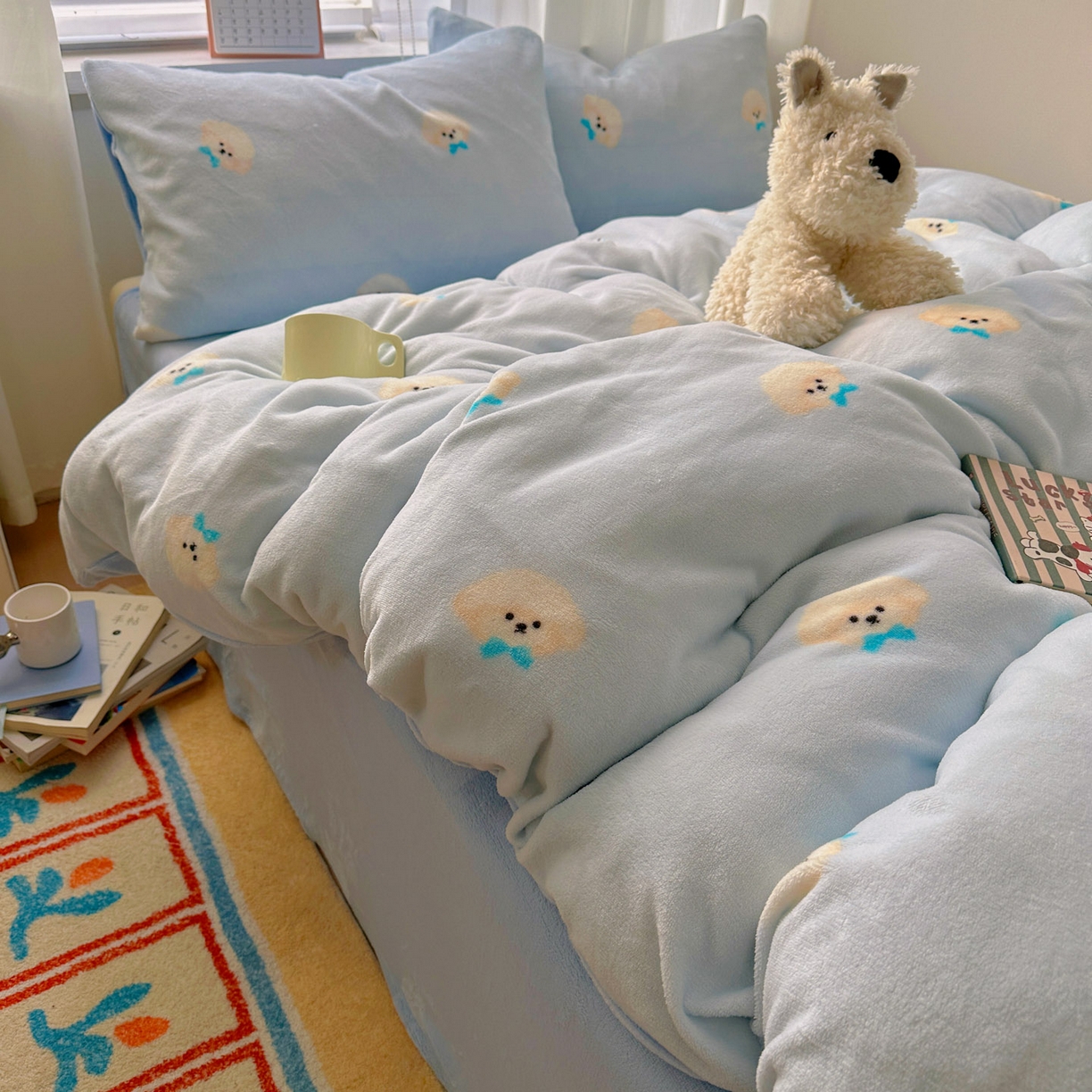 91家纺网 家纺一手货源 找家纺 小叮当家纺仓储工厂店 买家秀 爆款花型2025新款小清新180克跑量款牛奶绒三件套四件套 小奶狗蓝