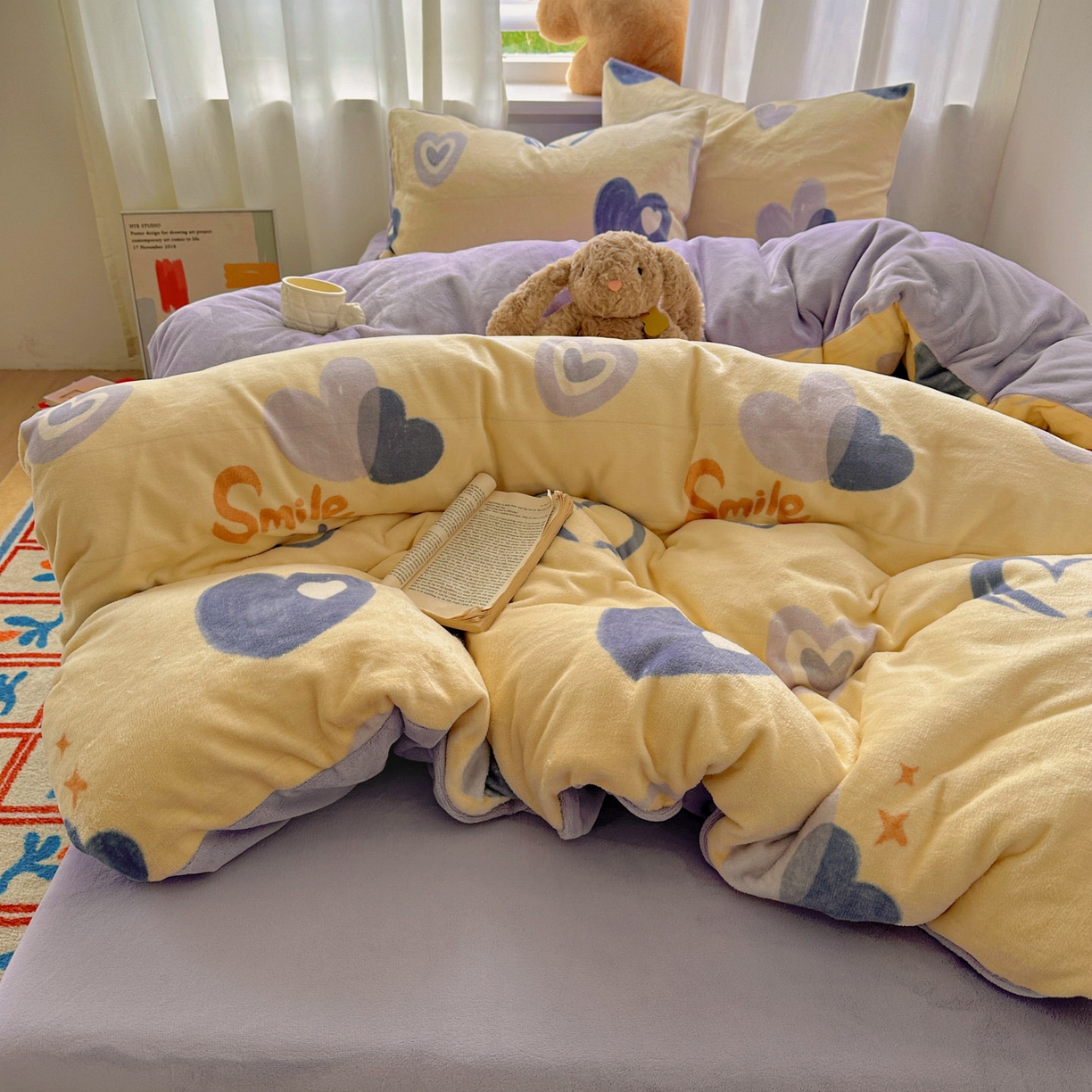 91家纺网 家纺一手货源 找家纺 小叮当家纺仓储工厂店 买家秀 爆款花型2025新款小清新180克跑量款牛奶绒三件套四件套 笑脸相迎