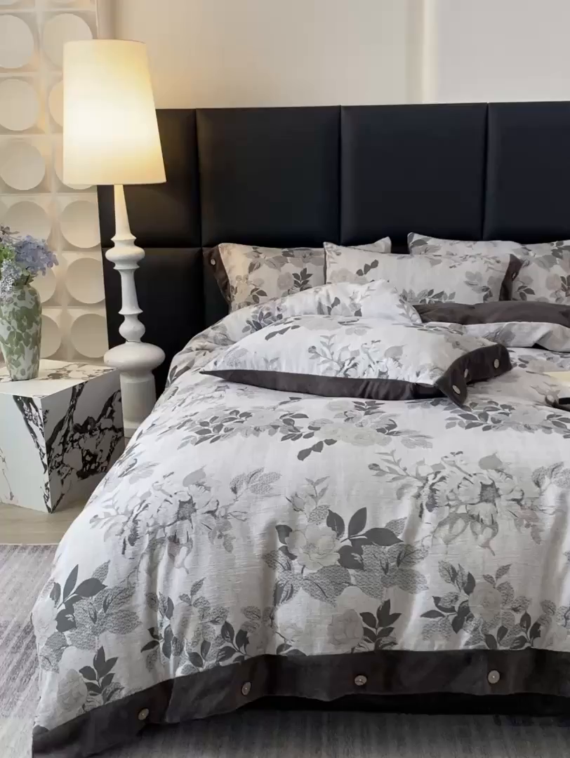 91家纺网 家纺一手货源 找家纺 （总）吾诺 水洗原麻拼牛奶绒四件套 纽扣款四件套-原麻系列