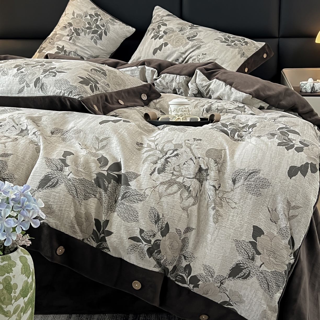 91家纺网 家纺一手货源 找家纺 （总）吾诺 水洗原麻拼牛奶绒四件套 纽扣款四件套-原麻系列