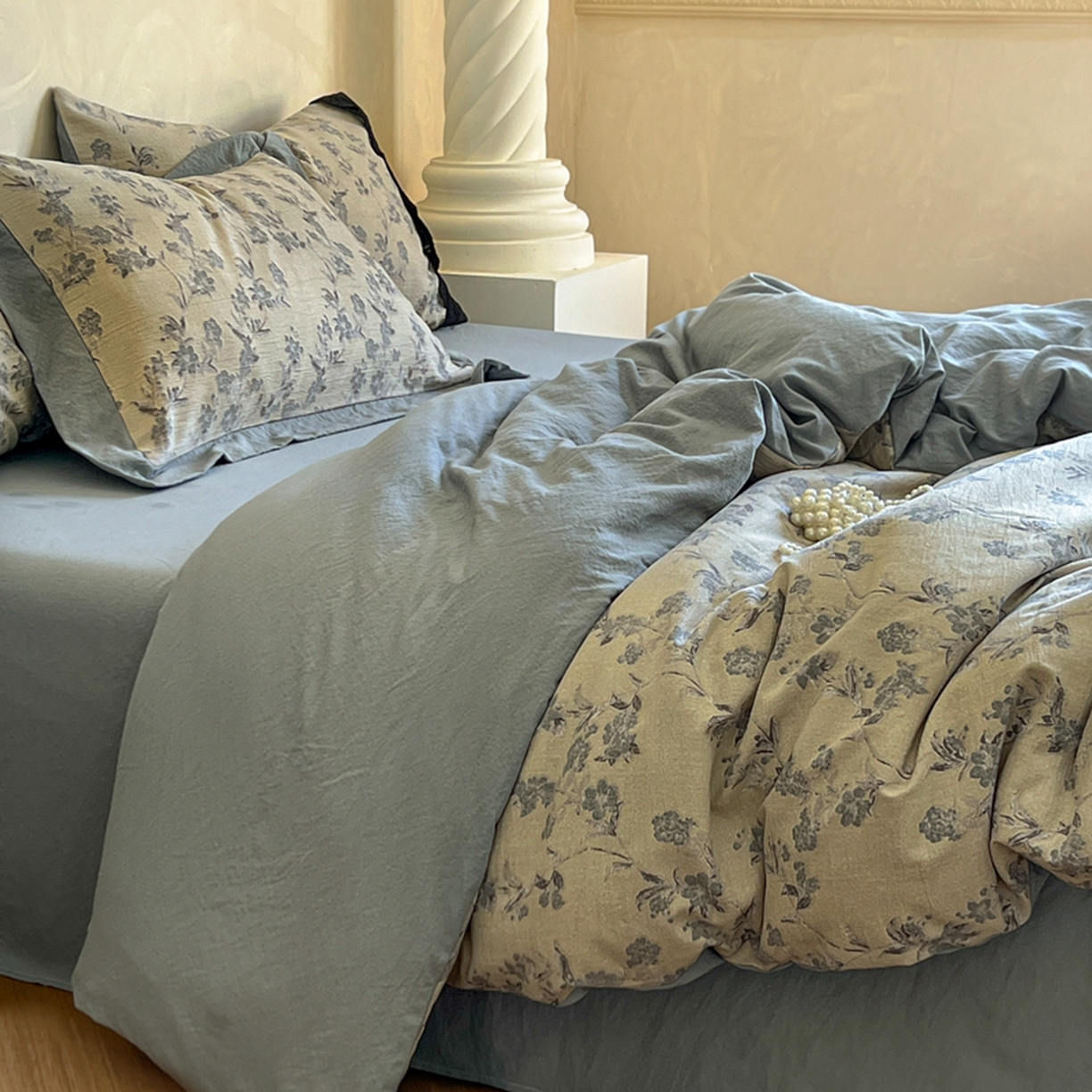 91家纺网 家纺一手货源 找家纺 小叮当家纺仓储工厂店 买家秀 爆款花型2025秋冬新款磨毛复古亚麻棉麻提花超软四件套 灰影花吟