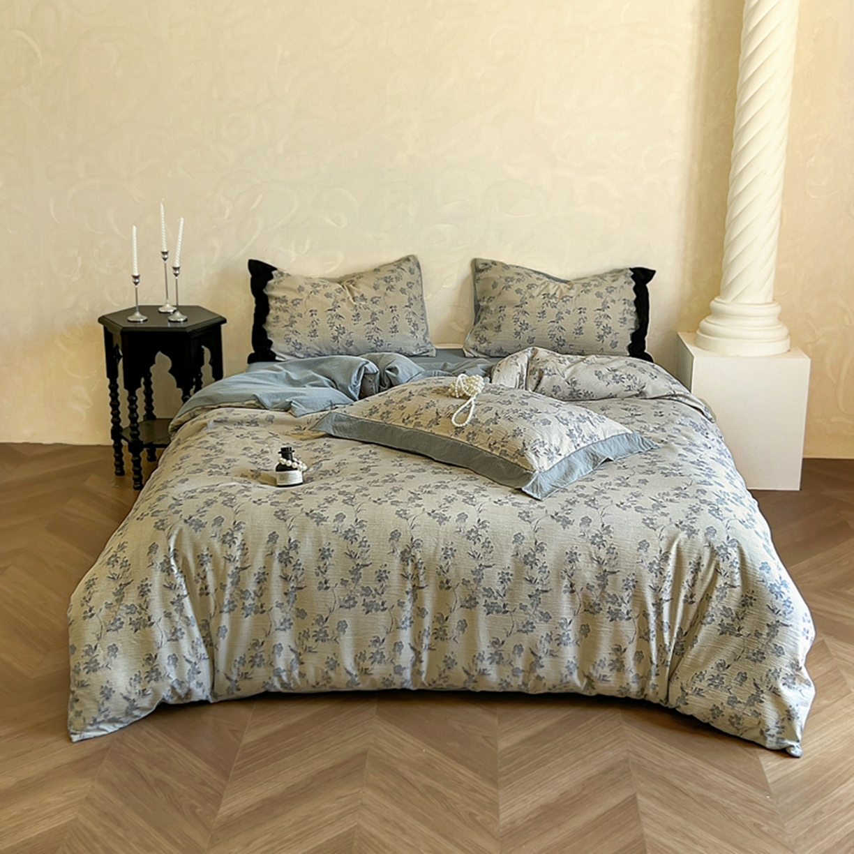 91家纺网 家纺一手货源 找家纺 小叮当家纺仓储工厂店 买家秀 爆款花型2025秋冬新款磨毛复古亚麻棉麻提花超软四件套 灰影花吟