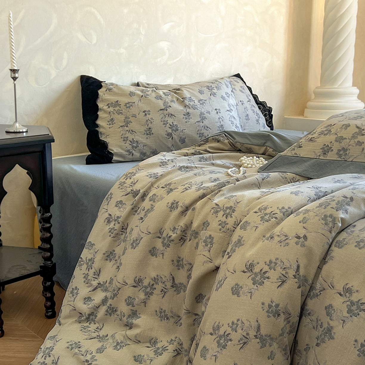 91家纺网 家纺一手货源 找家纺 小叮当家纺仓储工厂店 买家秀 爆款花型2025秋冬新款磨毛复古亚麻棉麻提花超软四件套 灰影花吟