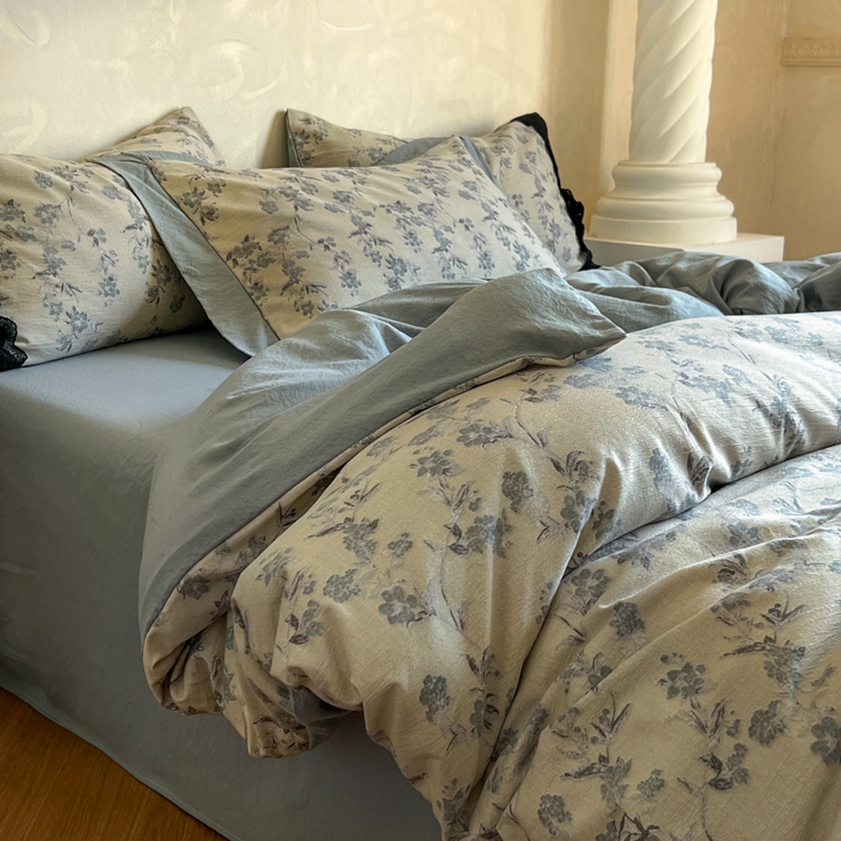 91家纺网 家纺一手货源 找家纺 小叮当家纺仓储工厂店 买家秀 爆款花型2025秋冬新款磨毛复古亚麻棉麻提花超软四件套 灰影花吟