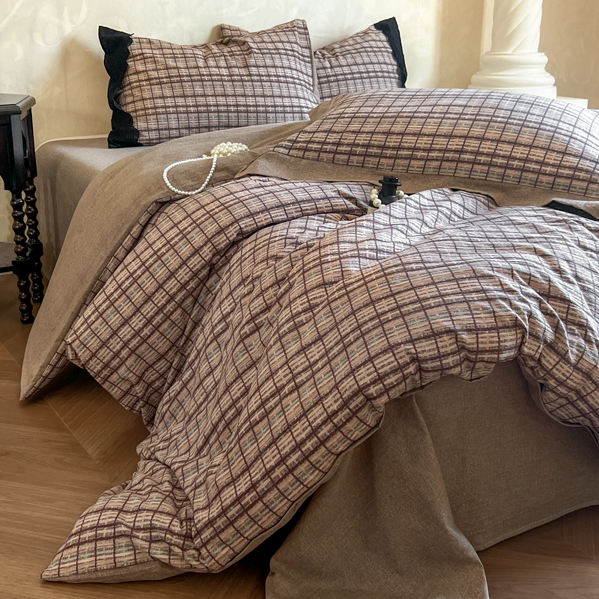 小叮当家纺仓储工厂店 买家秀 爆款花型2025秋冬新款磨毛复古亚麻棉麻提花超软四件套 暖棕格纹