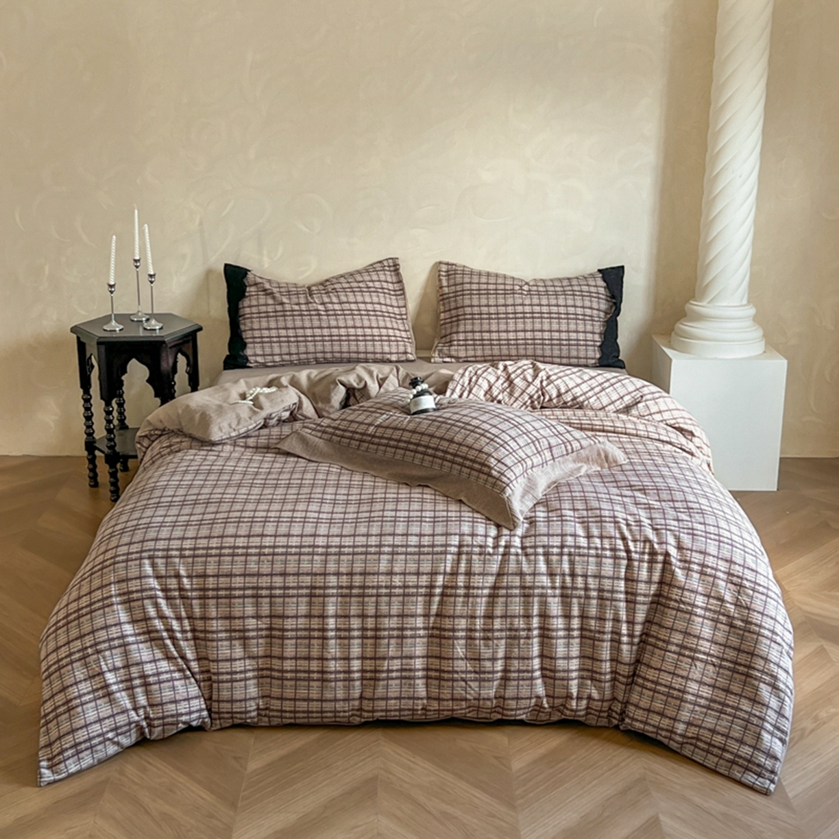 91家纺网 家纺一手货源 找家纺 小叮当家纺仓储工厂店 买家秀 爆款花型2025秋冬新款磨毛复古亚麻棉麻提花超软四件套 暖棕格纹