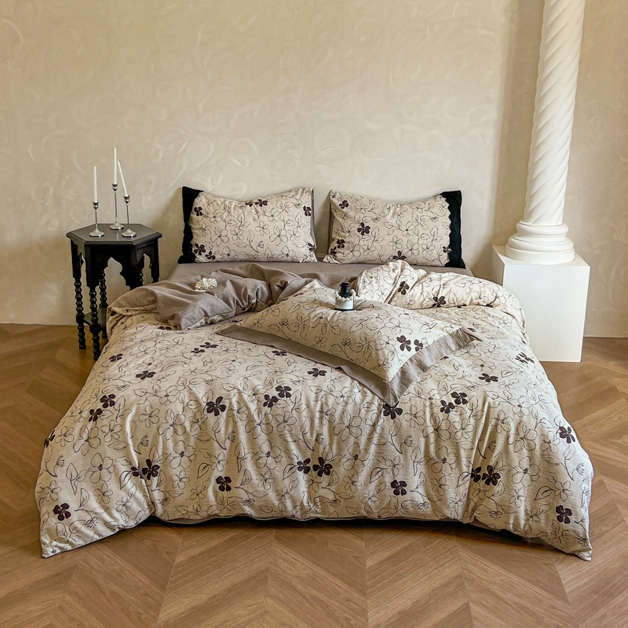 91家纺网 家纺一手货源 找家纺 小叮当家纺仓储工厂店 买家秀 爆款花型2025秋冬新款磨毛复古亚麻棉麻提花超软四件套 钱蔓花吟