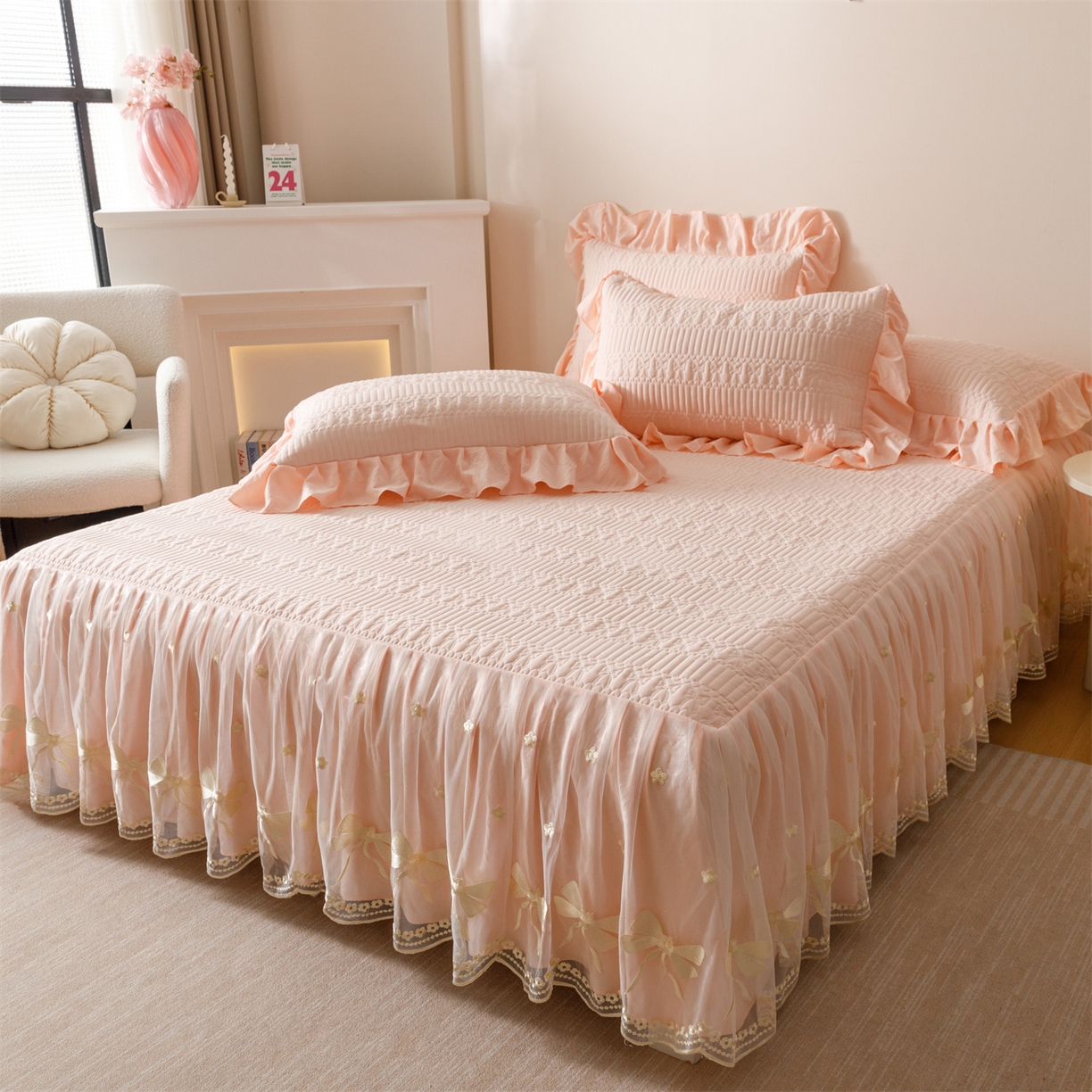 91家纺网 家纺一手货源 找家纺 （总）好儿喜家纺 2025新款A类水洗棉床裙三件套-拉贝尔系列