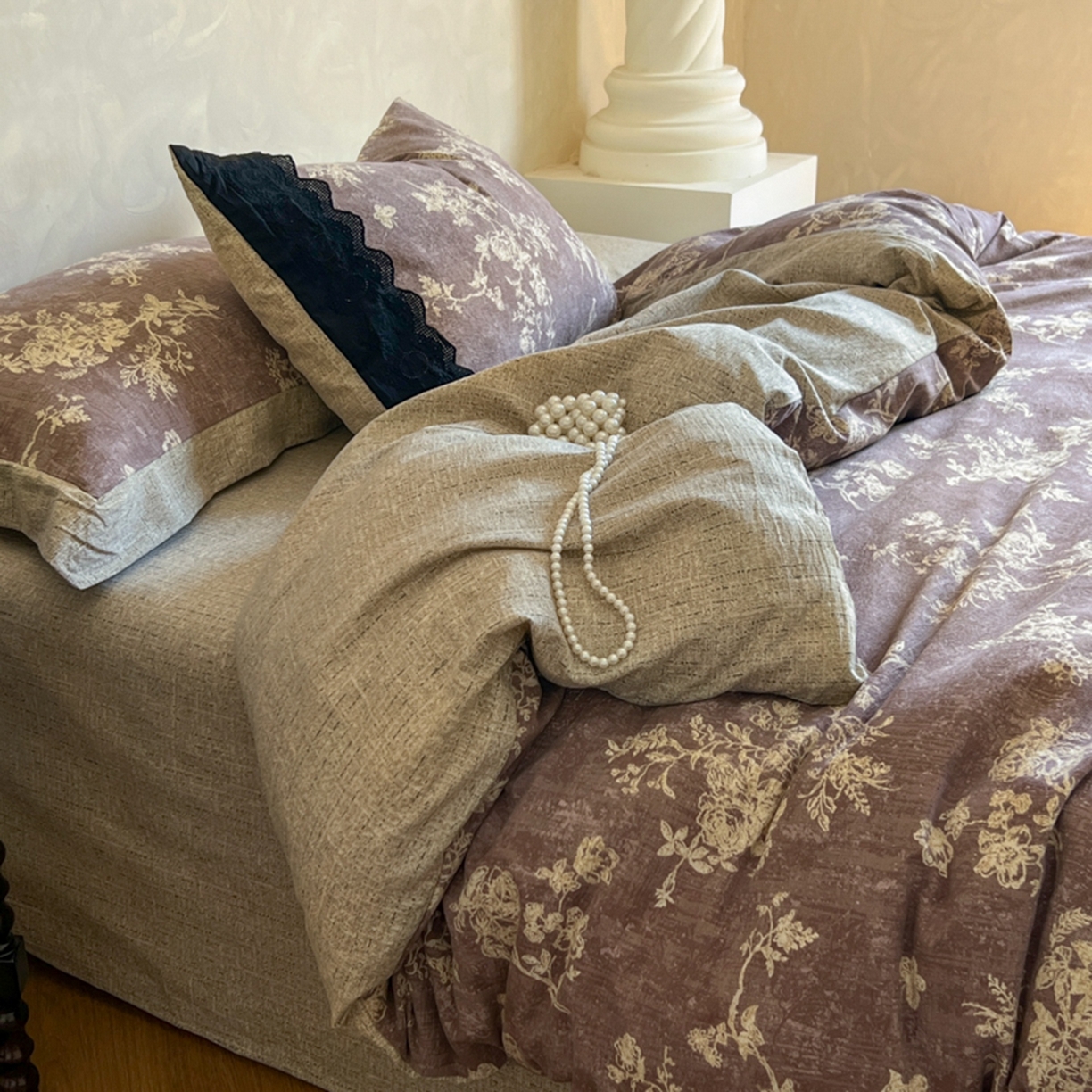 91家纺网 家纺一手货源 找家纺 小叮当家纺仓储工厂店 买家秀 爆款花型2025秋冬新款磨毛复古亚麻棉麻提花超软四件套 紫藤芳华