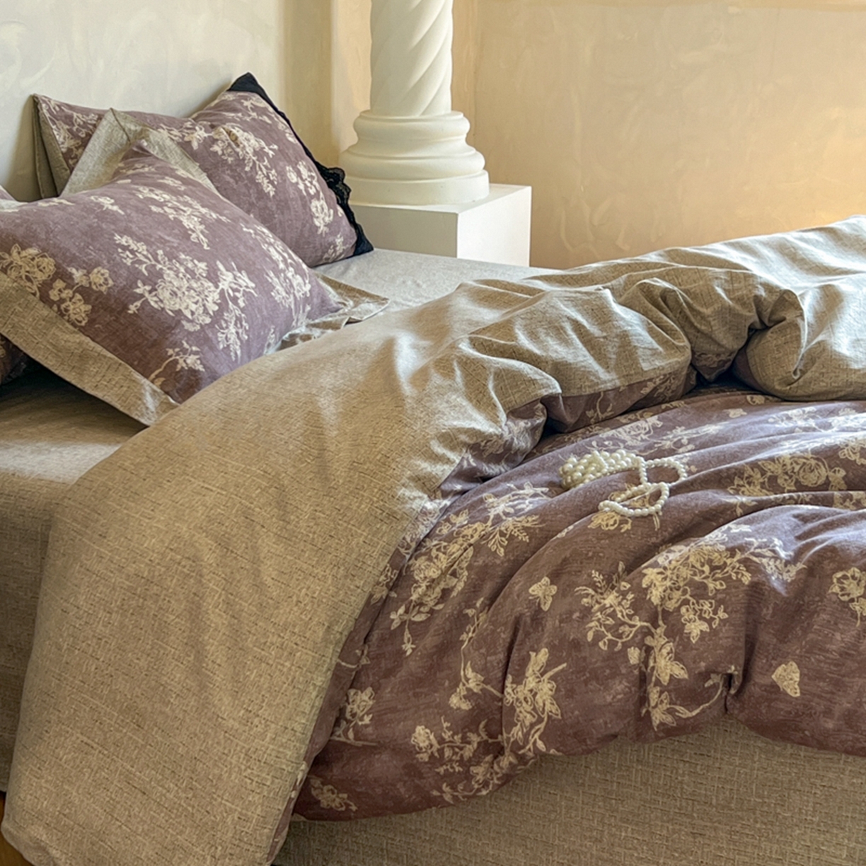 91家纺网 家纺一手货源 找家纺 小叮当家纺仓储工厂店 买家秀 爆款花型2025秋冬新款磨毛复古亚麻棉麻提花超软四件套 紫藤芳华