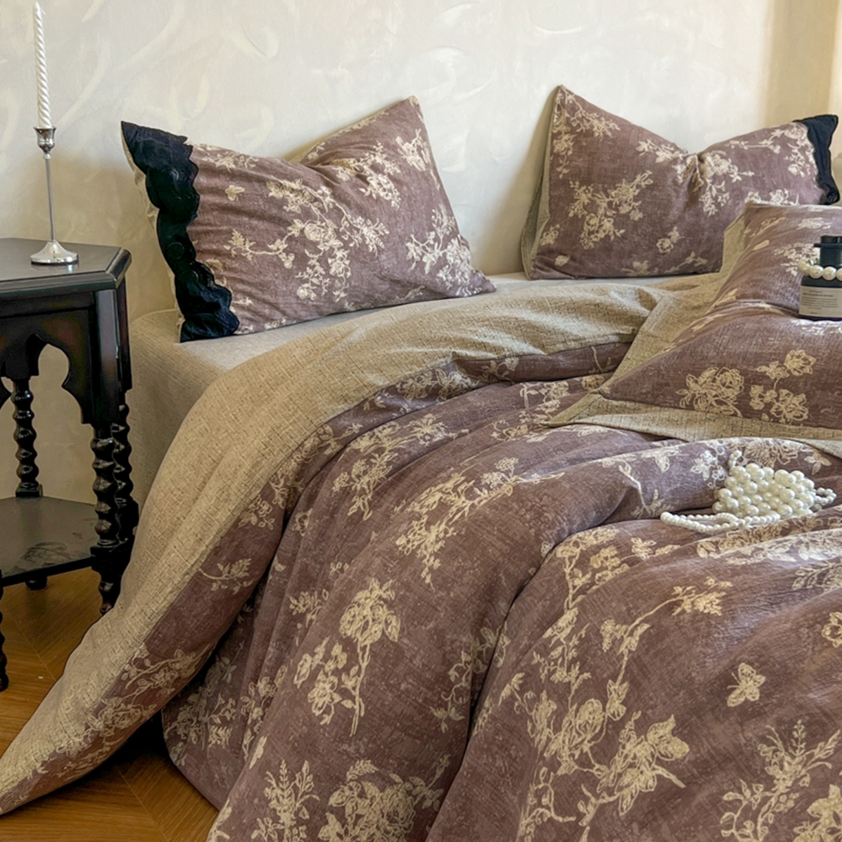 91家纺网 家纺一手货源 找家纺 小叮当家纺仓储工厂店 买家秀 爆款花型2025秋冬新款磨毛复古亚麻棉麻提花超软四件套 紫藤芳华