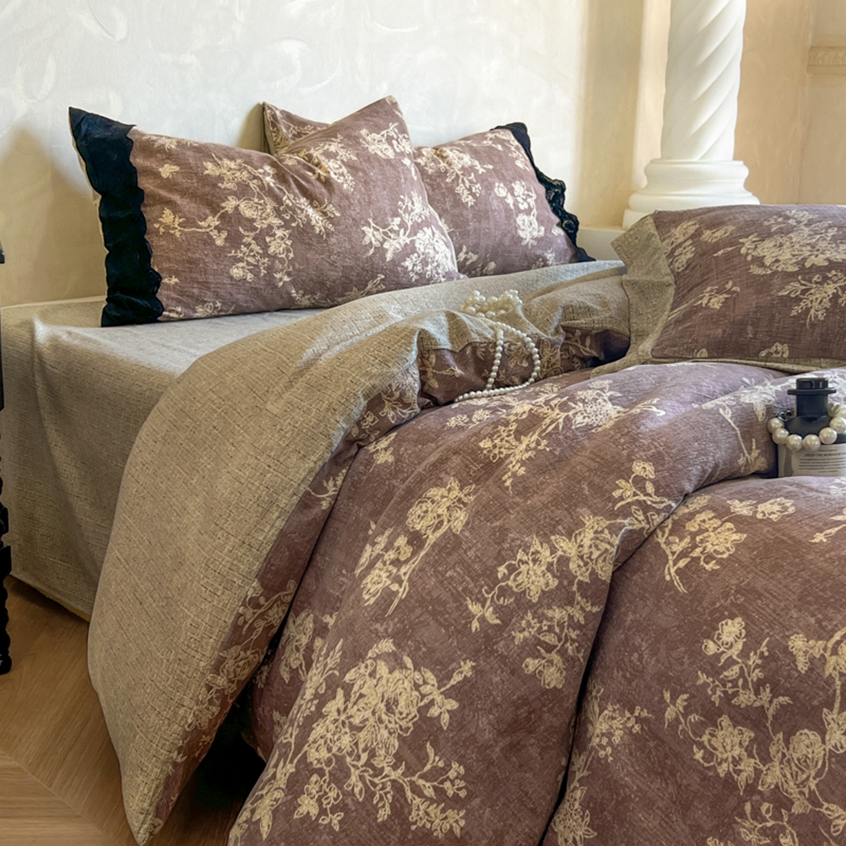 91家纺网 家纺一手货源 找家纺 小叮当家纺仓储工厂店 买家秀 爆款花型2025秋冬新款磨毛复古亚麻棉麻提花超软四件套 紫藤芳华