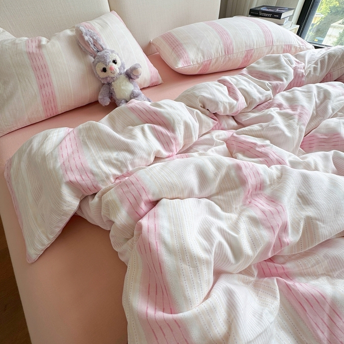 91家纺网 家纺一手货源 找家纺 8+8 2025新款全棉A类母婴级抗菌有氧全棉双层纱亲肤全棉小清新印花三件套四件套 简约款-极简主义粉