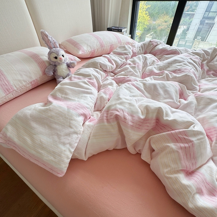 91家纺网 家纺一手货源 找家纺 8+8 2025新款全棉A类母婴级抗菌有氧全棉双层纱亲肤全棉小清新印花三件套四件套 简约款-极简主义粉