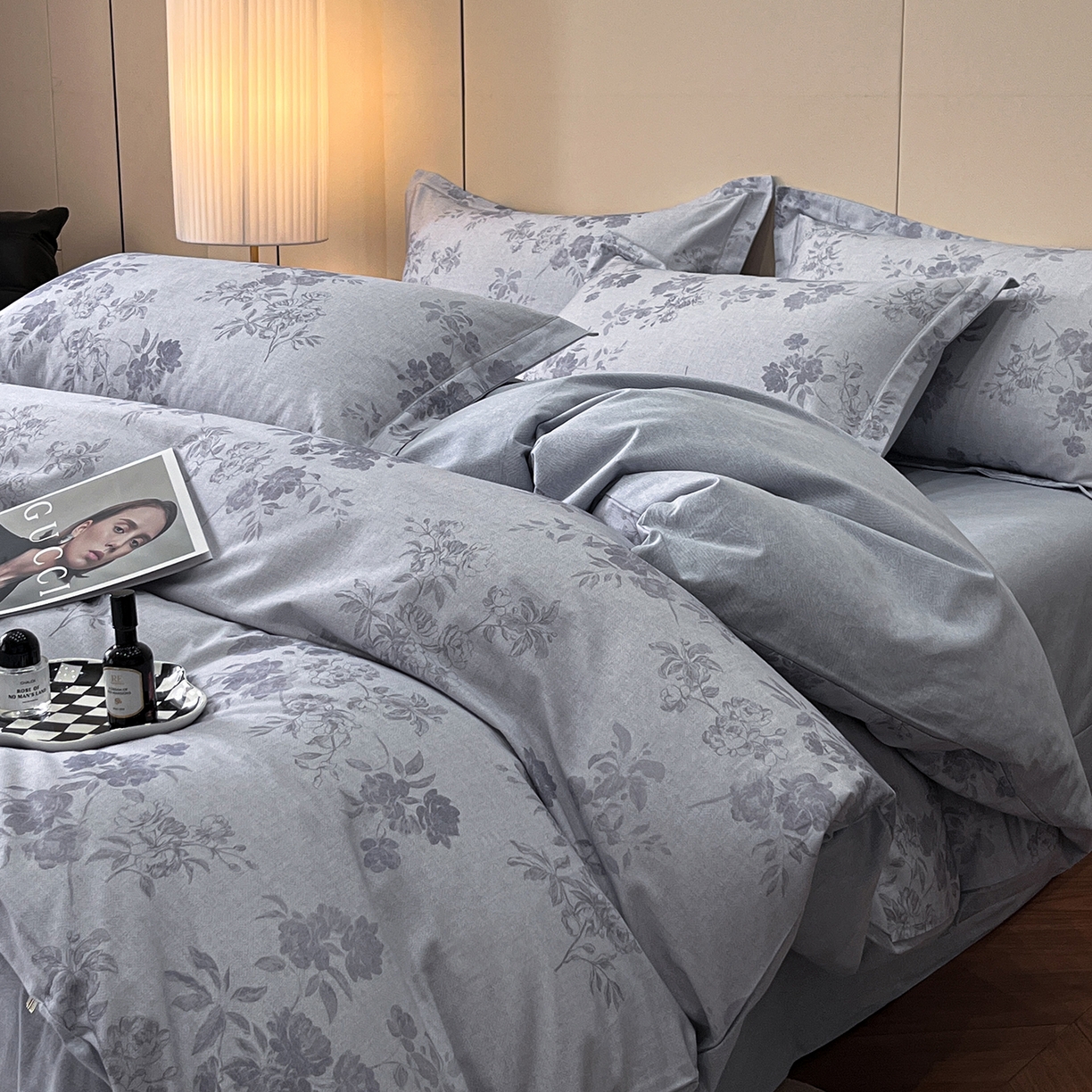 91家纺网 家纺一手货源 找家纺 简如 2025新款100%全棉纯棉磨毛四件套（有买家秀） 花庭悦舞-灰