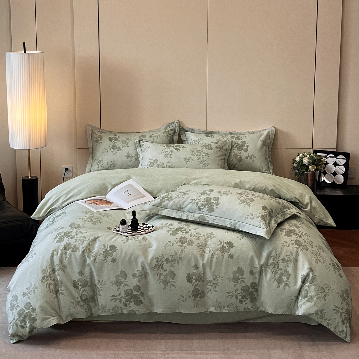 91家纺网 家纺一手货源 找家纺 简如 2025新款100%全棉纯棉磨毛四件套（有买家秀） 花庭悦舞-绿