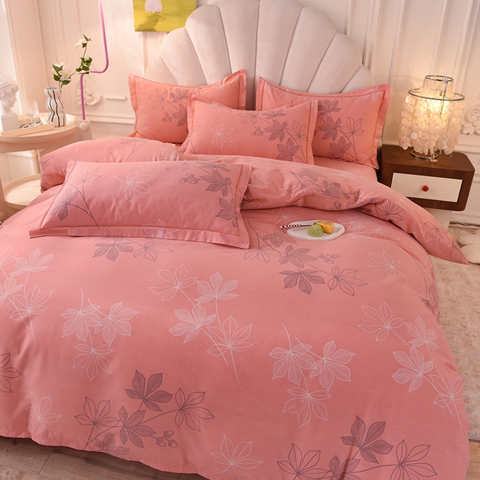 91家纺网 家纺一手货源 找家纺 简如   2025新款全棉磨毛印花四件套（有买家秀提供） 叶影-粉