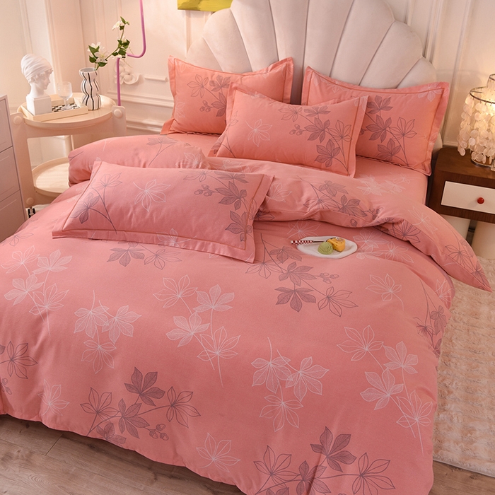 91家纺网 家纺一手货源 找家纺 简如   2025新款全棉磨毛印花四件套（有买家秀提供） 叶影-粉