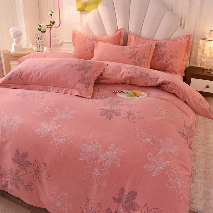 91家纺网 家纺一手货源 找家纺 简如   2025新款全棉磨毛印花四件套（有买家秀提供） 叶影-粉