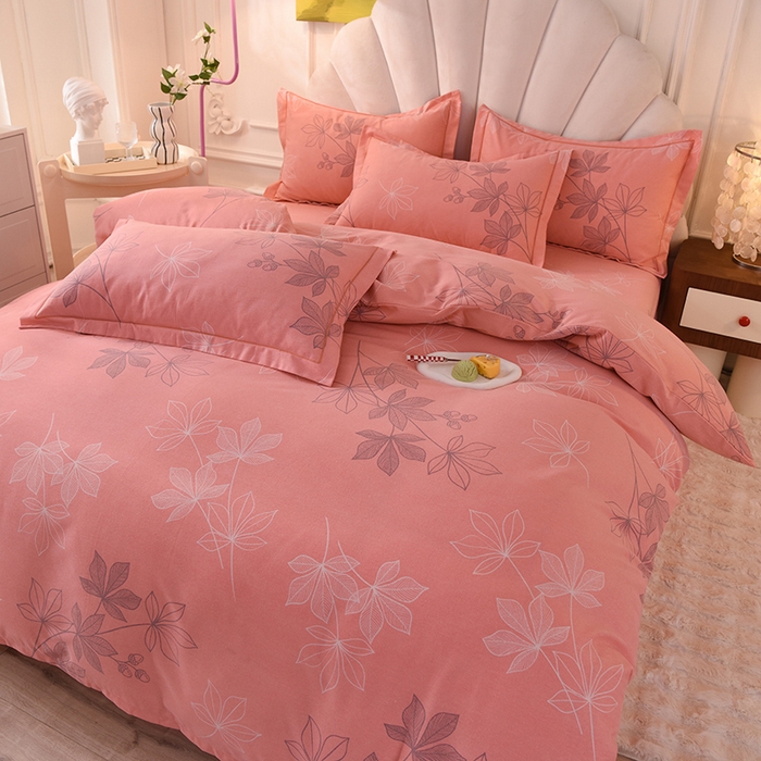 91家纺网 家纺一手货源 找家纺 简如   2025新款全棉磨毛印花四件套（有买家秀提供） 叶影-粉