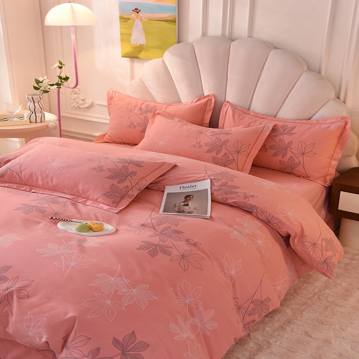 91家纺网 家纺一手货源 找家纺 简如   2025新款全棉磨毛印花四件套（有买家秀提供） 叶影-粉