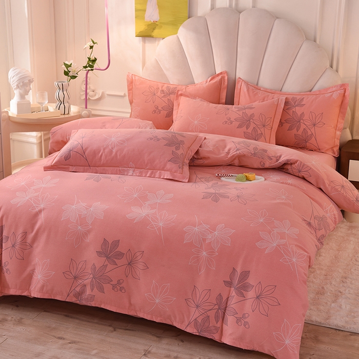 91家纺网 家纺一手货源 找家纺 简如   2025新款全棉磨毛印花四件套（有买家秀提供） 叶影-粉