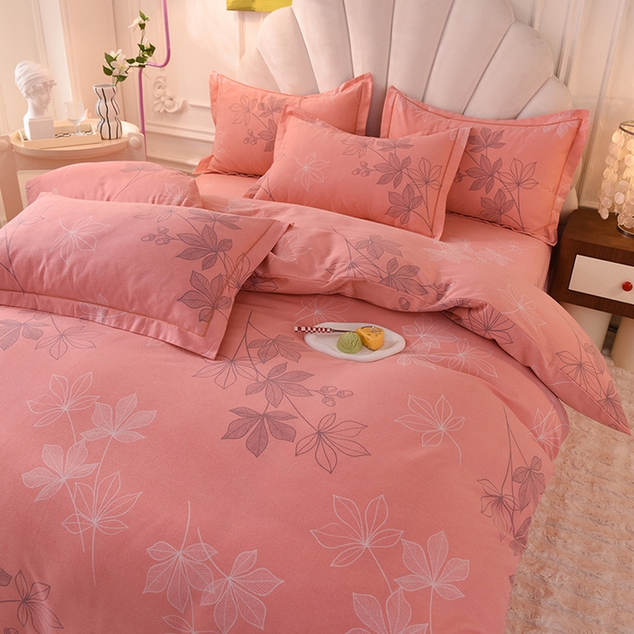 91家纺网 家纺一手货源 找家纺 简如   2025新款全棉磨毛印花四件套（有买家秀提供） 叶影-粉