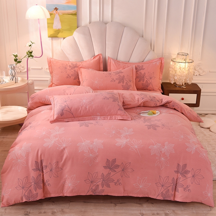 91家纺网 家纺一手货源 找家纺 简如   2025新款全棉磨毛印花四件套（有买家秀提供） 叶影-粉