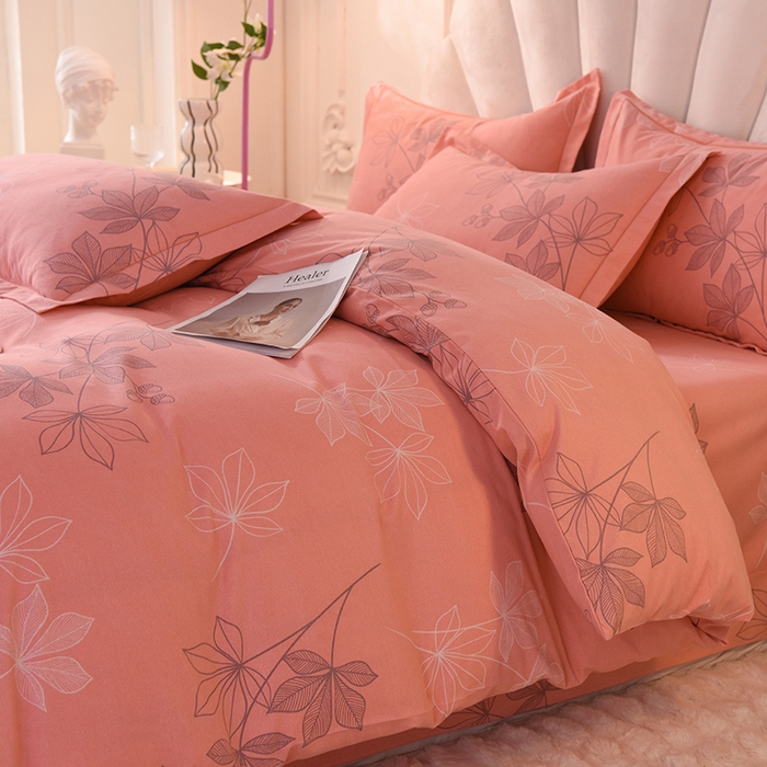 91家纺网 家纺一手货源 找家纺 简如   2025新款全棉磨毛印花四件套（有买家秀提供） 叶影-粉