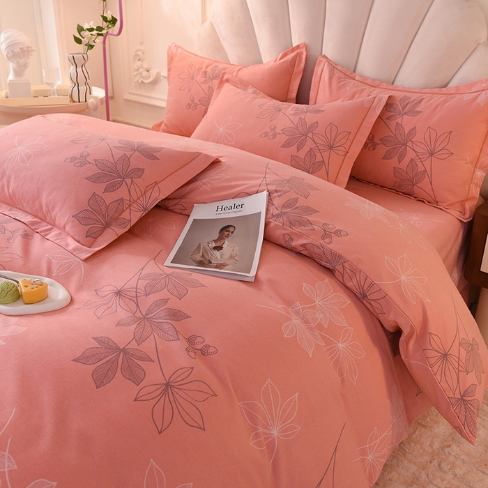 91家纺网 家纺一手货源 找家纺 简如   2025新款全棉磨毛印花四件套（有买家秀提供） 叶影-粉