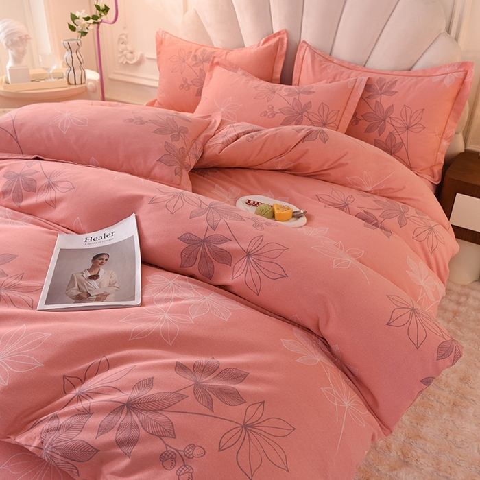 91家纺网 家纺一手货源 找家纺 简如   2025新款全棉磨毛印花四件套（有买家秀提供） 叶影-粉