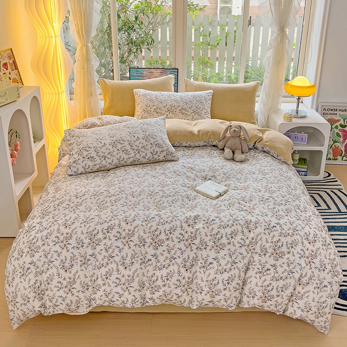 91家纺网 家纺一手货源 找家纺 捌月 2025新款棉加绒A版13372全棉B版高克重牛奶绒四件套直播新品 花香暖语