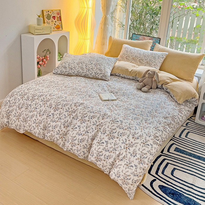 91家纺网 家纺一手货源 找家纺 捌月 2025新款棉加绒A版13372全棉B版高克重牛奶绒四件套直播新品 花香暖语