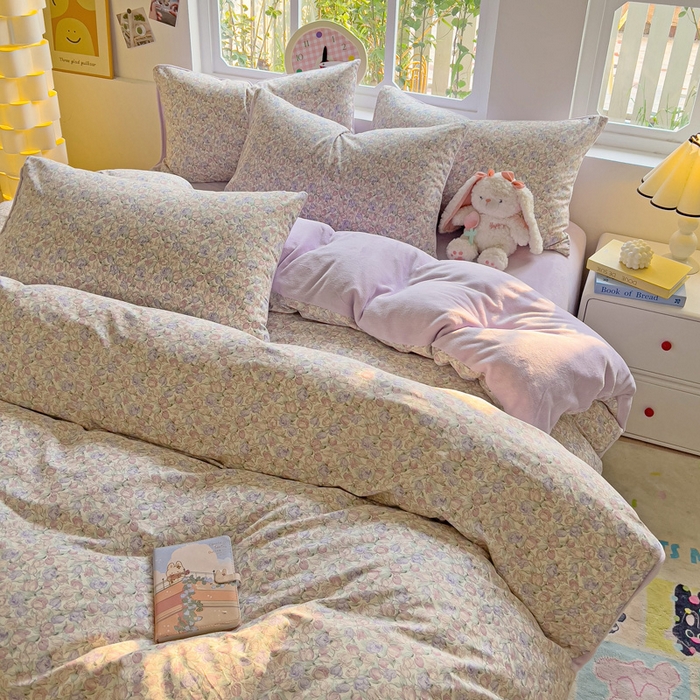 91家纺网 家纺一手货源 找家纺 捌月 2025新款棉加绒A版13372全棉B版高克重牛奶绒四件套直播新品 蔷薇